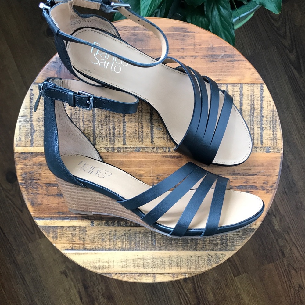 Franco Sarto Black Leather Wedge Sandal